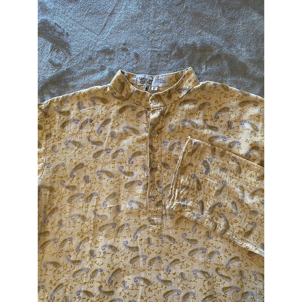 Khadi Kurta Shirt Mens Small Beige Yellow Paisley Print Handspun Cotton‎ India